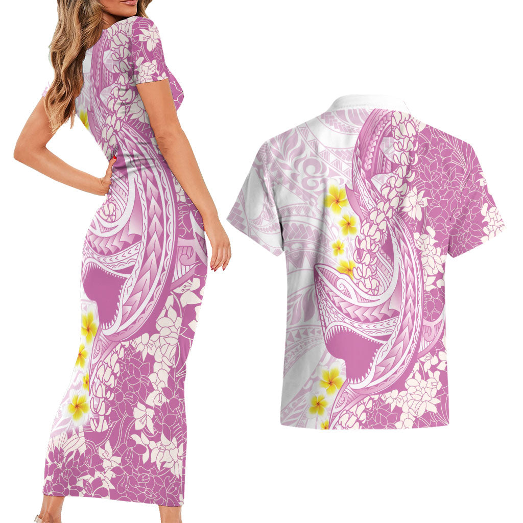 Purple Hawaii Shark Tattoo Couples Matching Short Sleeve Bodycon Dress and Hawaiian Shirt Puakenikeni Lei Plumeria Polynesian Pattern