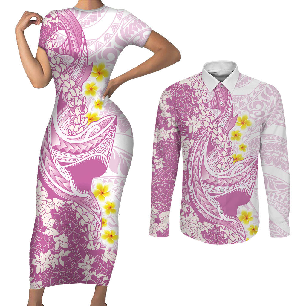 Purple Hawaii Shark Tattoo Couples Matching Short Sleeve Bodycon Dress and Long Sleeve Button Shirt Puakenikeni Lei Plumeria Polynesian Pattern