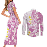 Purple Hawaii Shark Tattoo Couples Matching Short Sleeve Bodycon Dress and Long Sleeve Button Shirt Puakenikeni Lei Plumeria Polynesian Pattern