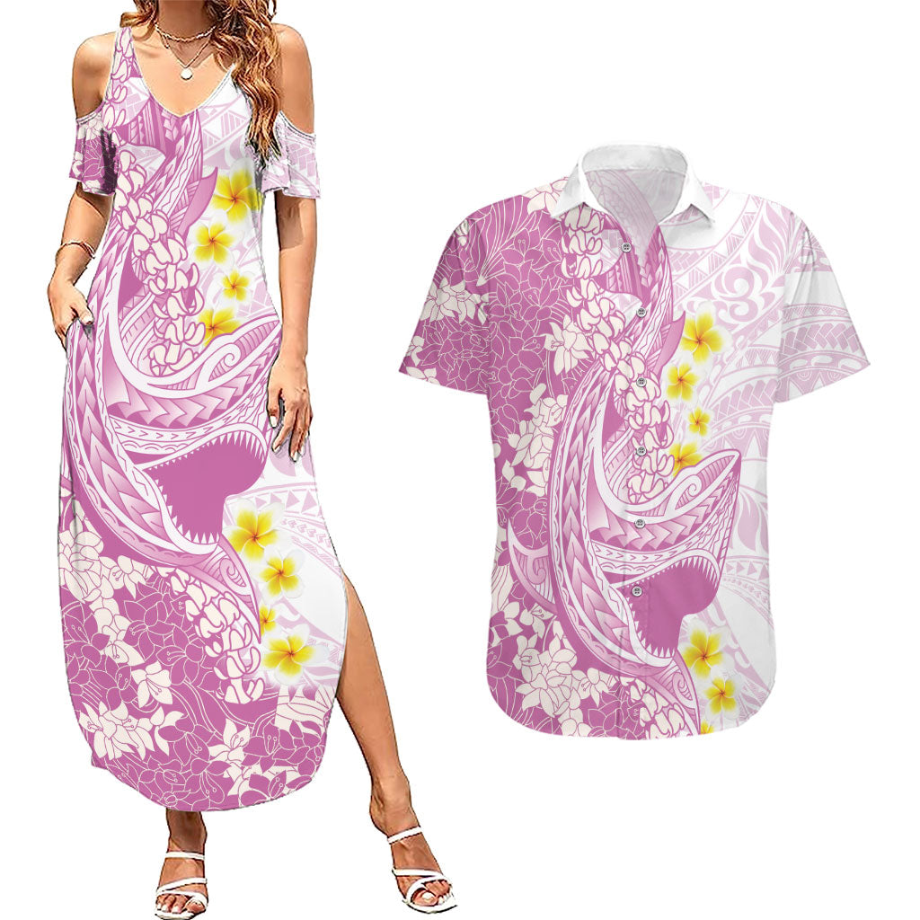 Purple Hawaii Shark Tattoo Couples Matching Summer Maxi Dress and Hawaiian Shirt Puakenikeni Lei Plumeria Polynesian Pattern