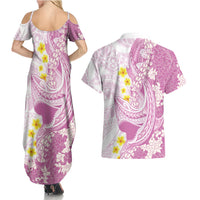Purple Hawaii Shark Tattoo Couples Matching Summer Maxi Dress and Hawaiian Shirt Puakenikeni Lei Plumeria Polynesian Pattern