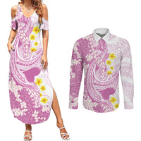 Purple Hawaii Shark Tattoo Couples Matching Summer Maxi Dress and Long Sleeve Button Shirt Puakenikeni Lei Plumeria Polynesian Pattern