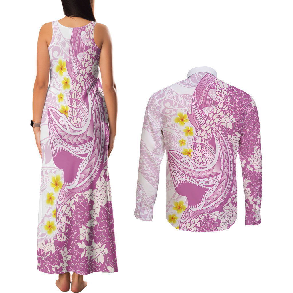 Purple Hawaii Shark Tattoo Couples Matching Tank Maxi Dress and Long Sleeve Button Shirt Puakenikeni Lei Plumeria Polynesian Pattern