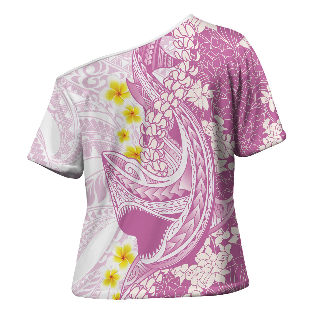 Purple Hawaii Shark Tattoo Cross Shoulder Shirt Puakenikeni Lei Plumeria Polynesian Pattern