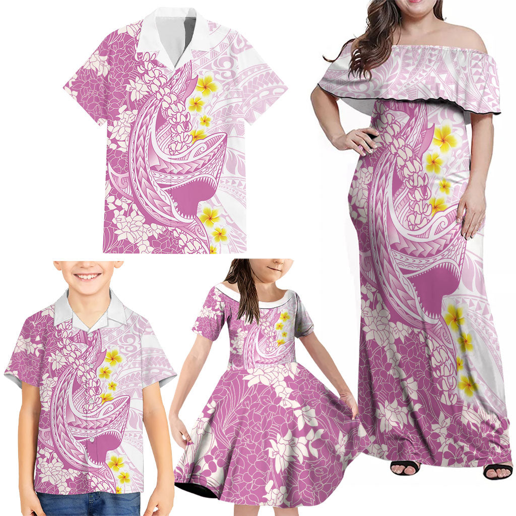 Purple Hawaii Shark Tattoo Family Matching Off Shoulder Maxi Dress and Hawaiian Shirt Puakenikeni Lei Plumeria Polynesian Pattern
