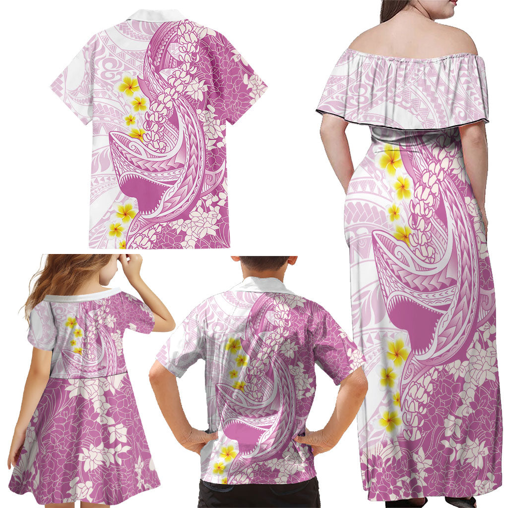 Purple Hawaii Shark Tattoo Family Matching Off Shoulder Maxi Dress and Hawaiian Shirt Puakenikeni Lei Plumeria Polynesian Pattern