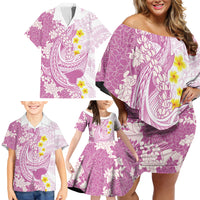 Purple Hawaii Shark Tattoo Family Matching Off Shoulder Short Dress and Hawaiian Shirt Puakenikeni Lei Plumeria Polynesian Pattern