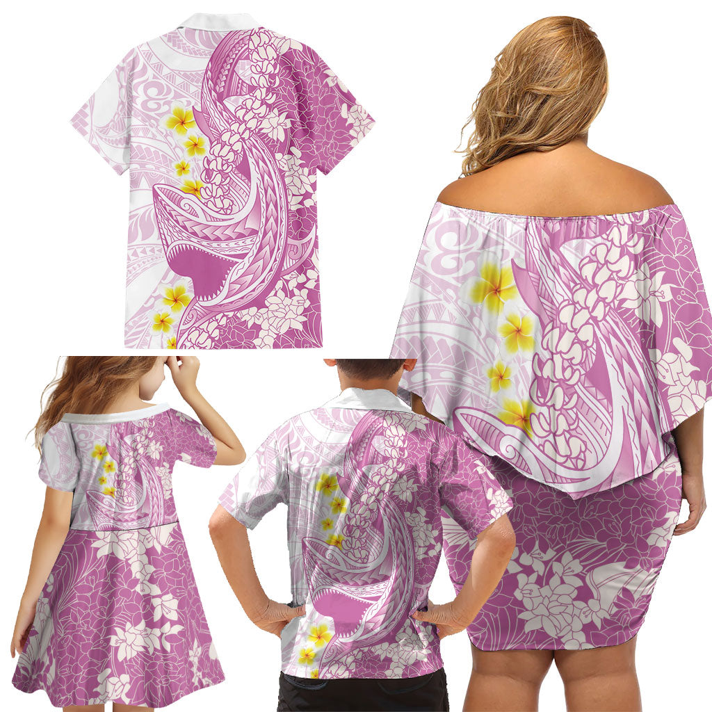Purple Hawaii Shark Tattoo Family Matching Off Shoulder Short Dress and Hawaiian Shirt Puakenikeni Lei Plumeria Polynesian Pattern