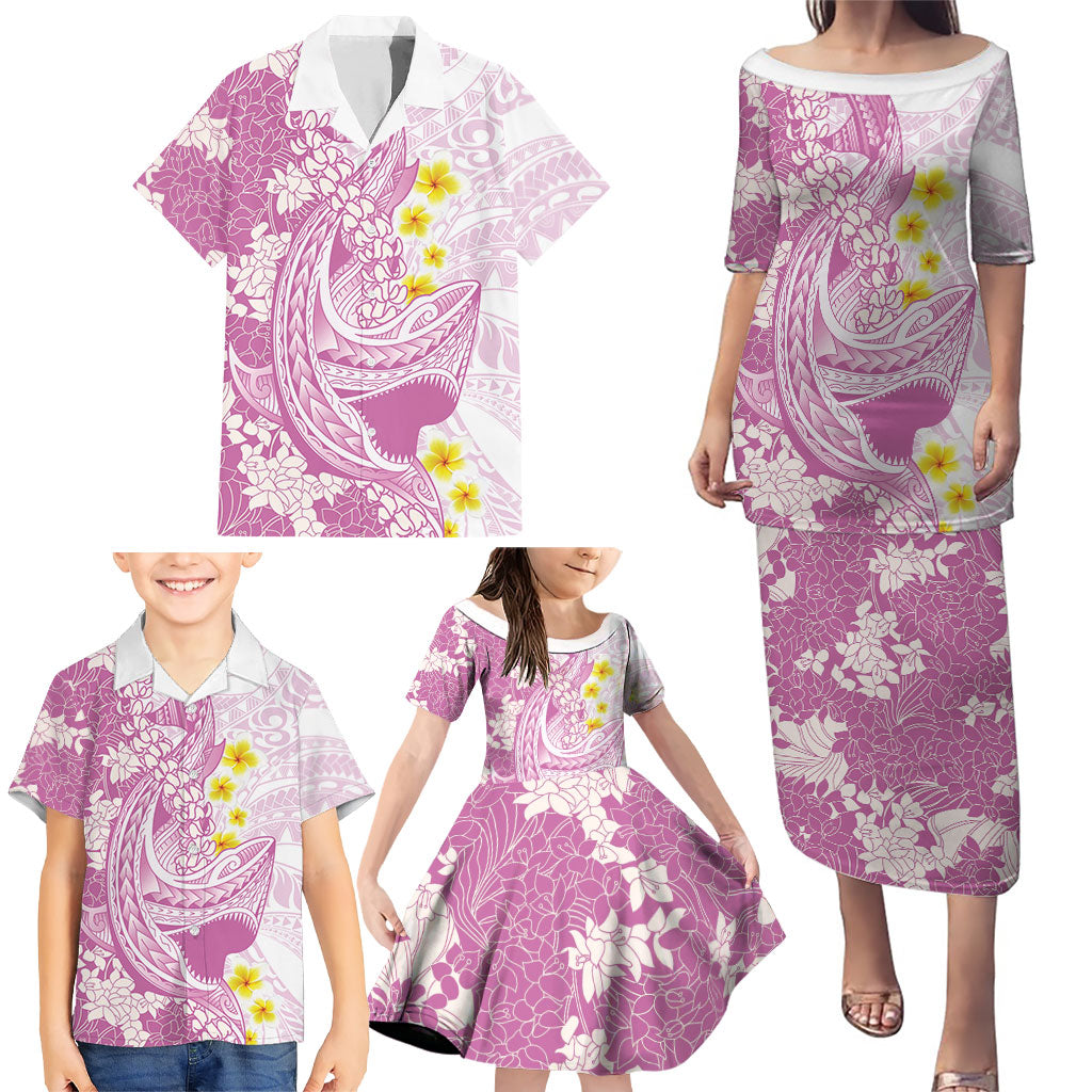 Purple Hawaii Shark Tattoo Family Matching Puletasi and Hawaiian Shirt Puakenikeni Lei Plumeria Polynesian Pattern
