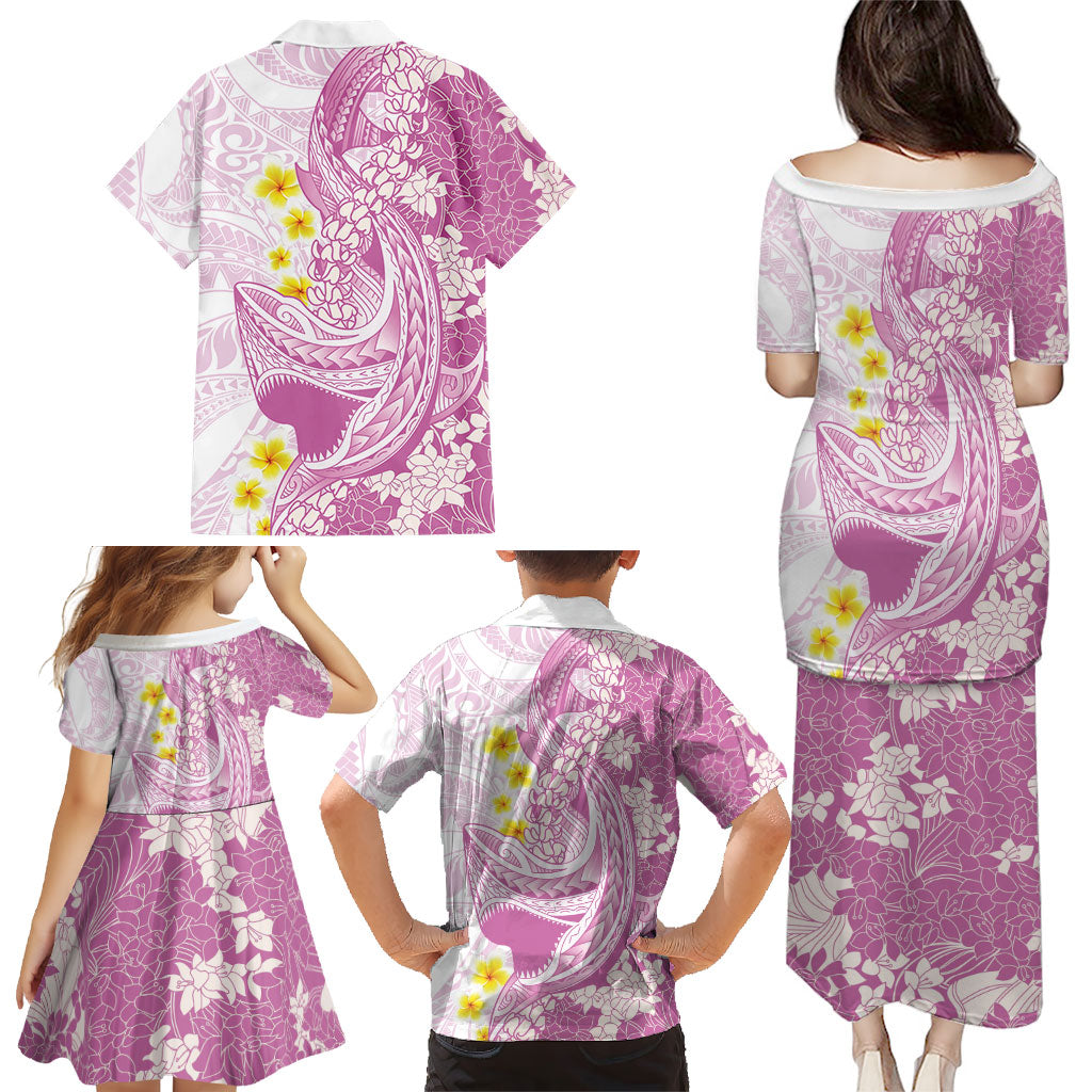 Purple Hawaii Shark Tattoo Family Matching Puletasi and Hawaiian Shirt Puakenikeni Lei Plumeria Polynesian Pattern