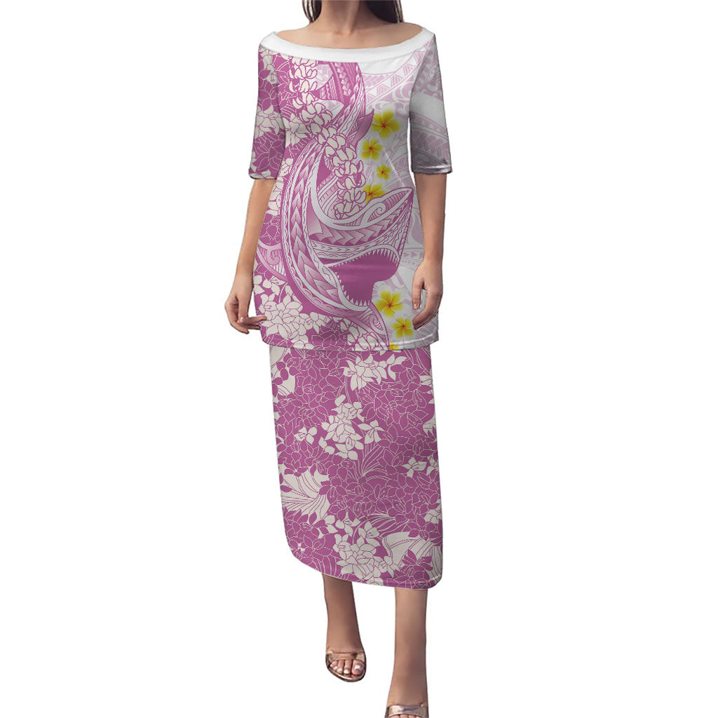 Purple Hawaii Shark Tattoo Family Matching Puletasi and Hawaiian Shirt Puakenikeni Lei Plumeria Polynesian Pattern