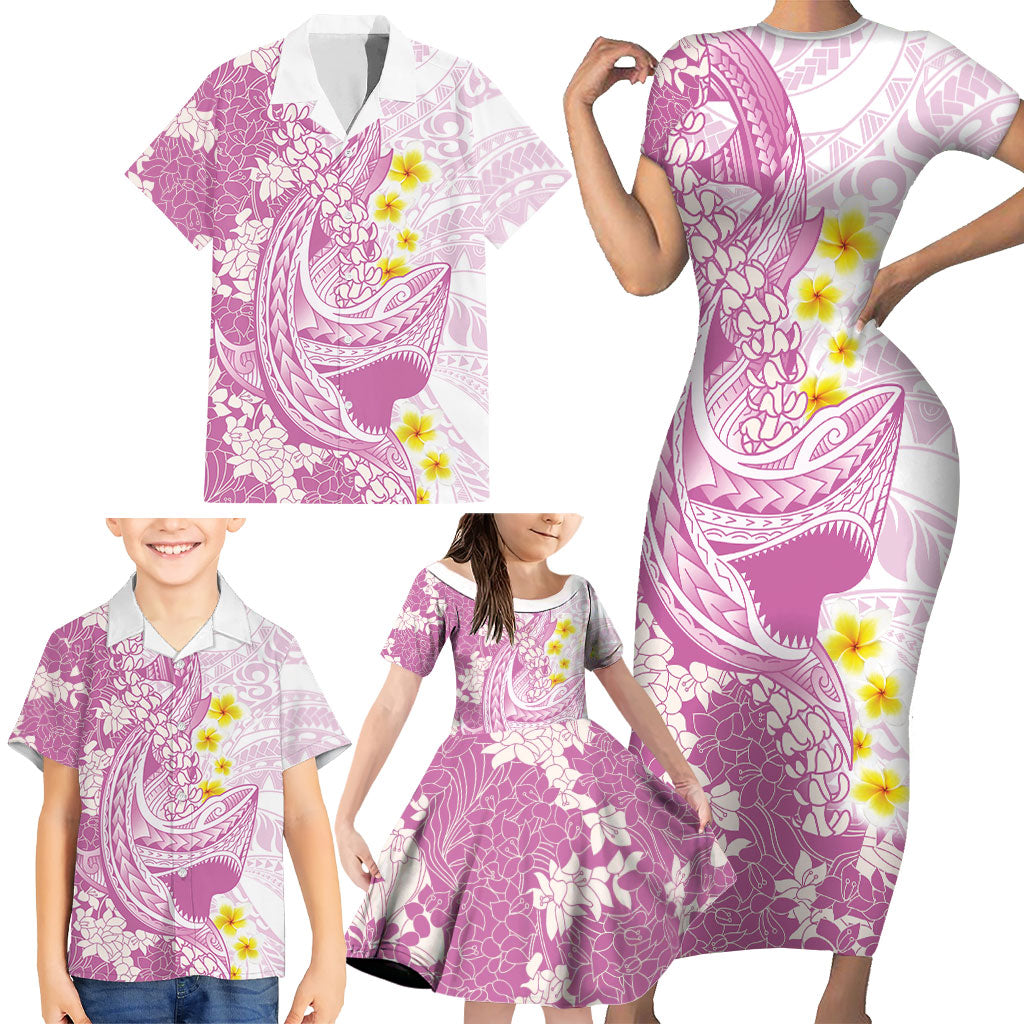 Purple Hawaii Shark Tattoo Family Matching Short Sleeve Bodycon Dress and Hawaiian Shirt Puakenikeni Lei Plumeria Polynesian Pattern