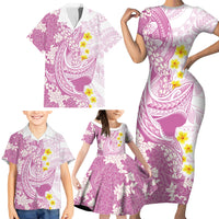 Purple Hawaii Shark Tattoo Family Matching Short Sleeve Bodycon Dress and Hawaiian Shirt Puakenikeni Lei Plumeria Polynesian Pattern
