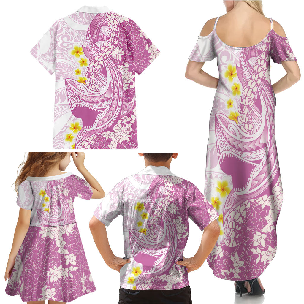 Purple Hawaii Shark Tattoo Family Matching Summer Maxi Dress and Hawaiian Shirt Puakenikeni Lei Plumeria Polynesian Pattern