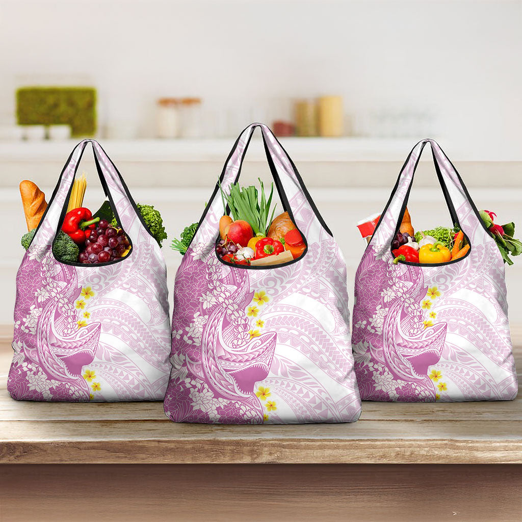 Purple Hawaii Shark Tattoo Grocery Bag Puakenikeni Lei Plumeria Polynesian Pattern
