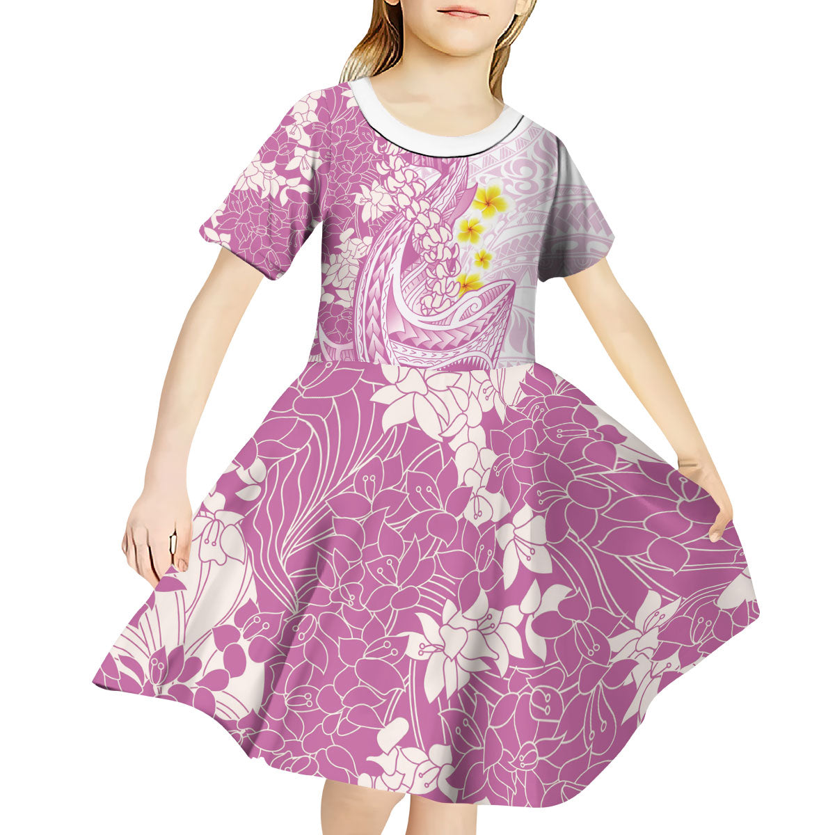 Purple Hawaii Shark Tattoo Kid Short Sleeve Dress Puakenikeni Lei Plumeria Polynesian Pattern