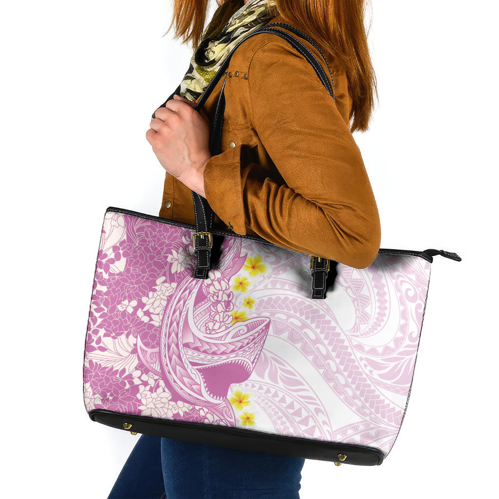 Purple Hawaii Shark Tattoo Leather Tote Bag Puakenikeni Lei Plumeria Polynesian Pattern