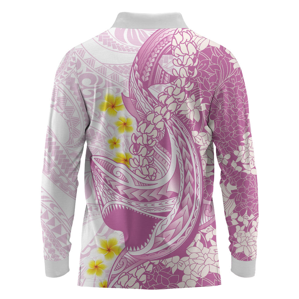 Purple Hawaii Shark Tattoo Long Sleeve Polo Shirt Puakenikeni Lei Plumeria Polynesian Pattern
