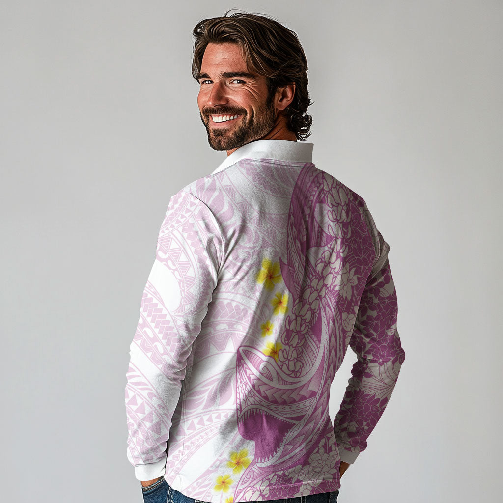 Purple Hawaii Shark Tattoo Long Sleeve Polo Shirt Puakenikeni Lei Plumeria Polynesian Pattern