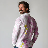 Purple Hawaii Shark Tattoo Long Sleeve Polo Shirt Puakenikeni Lei Plumeria Polynesian Pattern