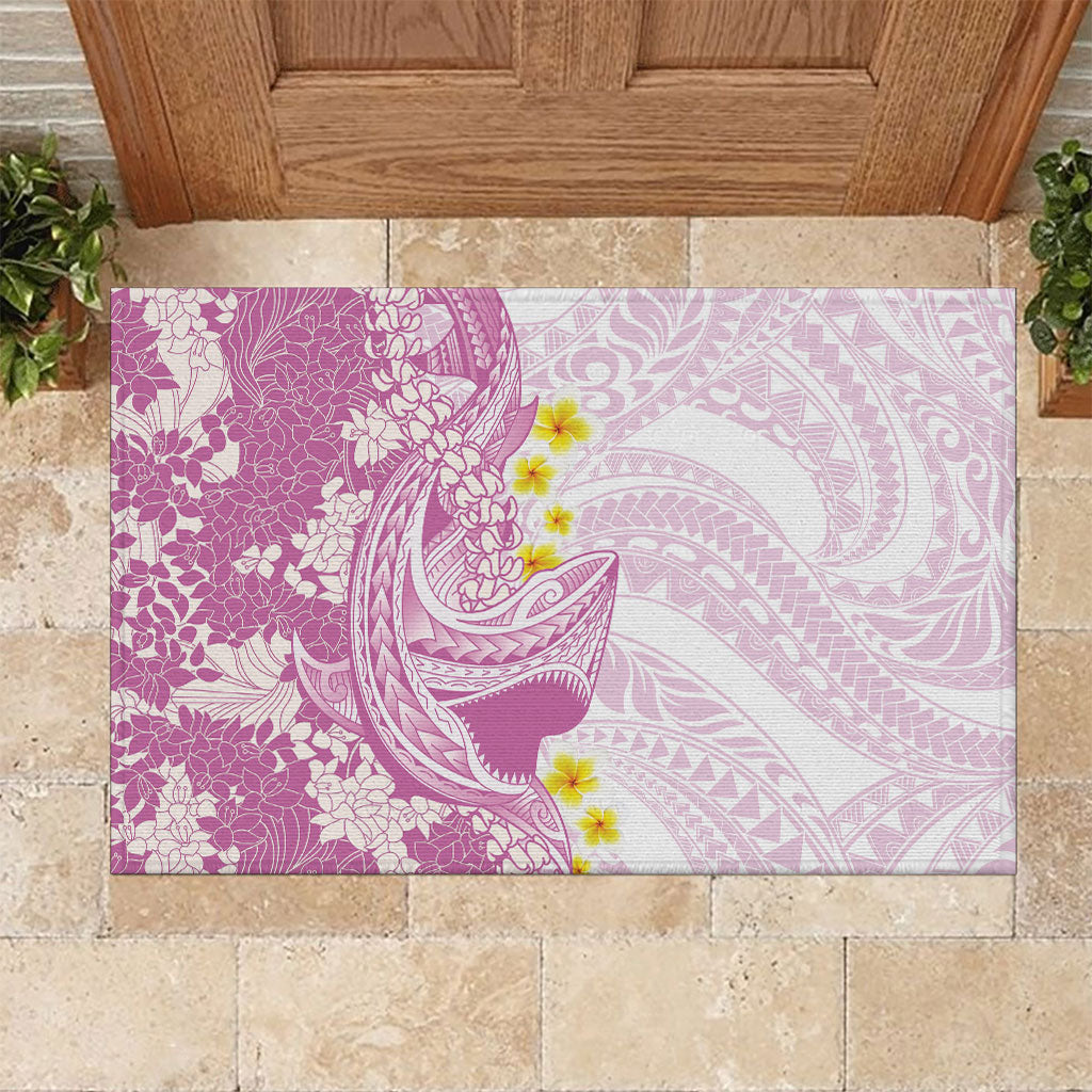 Purple Hawaii Shark Tattoo Rubber Doormat Puakenikeni Lei Plumeria Polynesian Pattern
