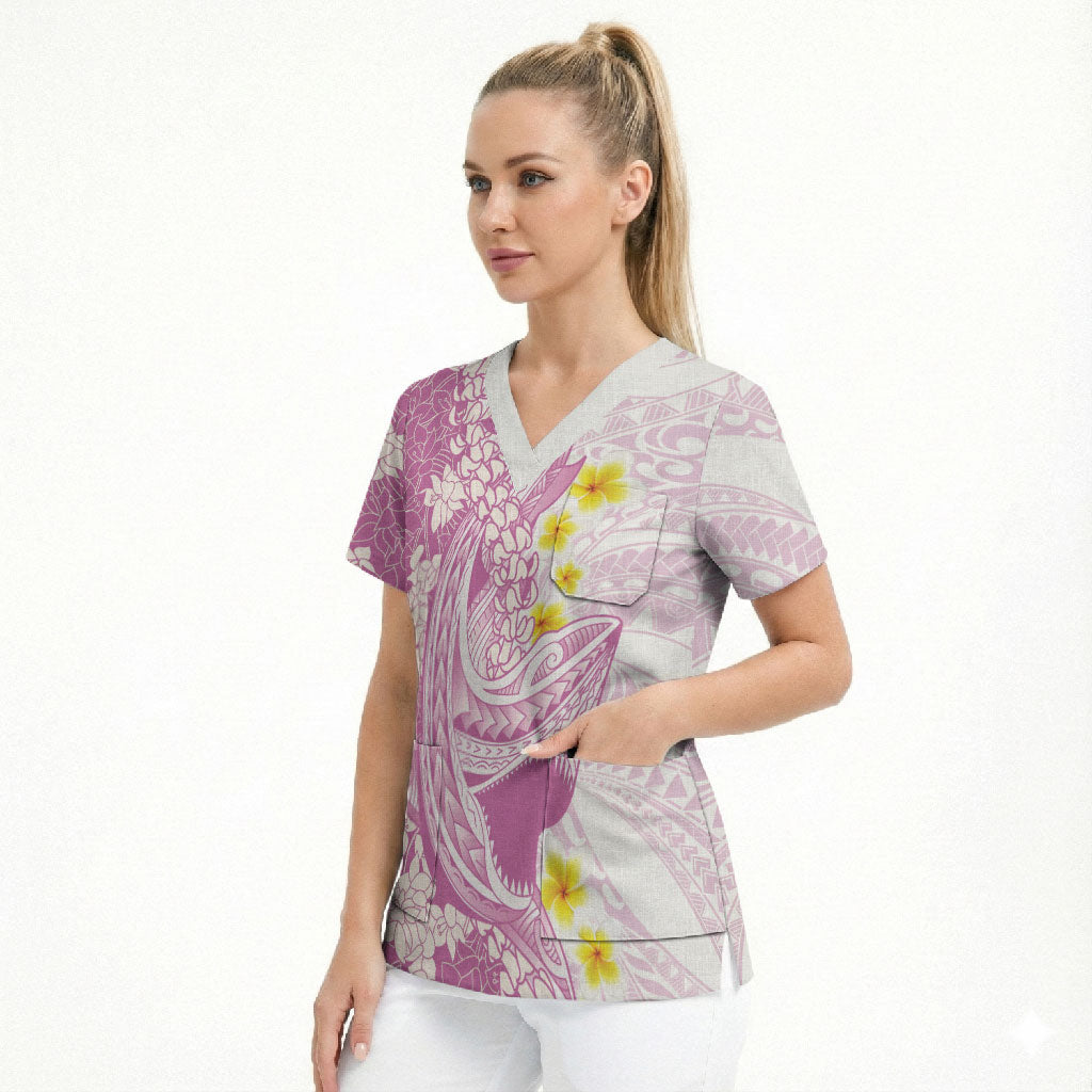 Purple Hawaii Shark Tattoo Scrub Top Puakenikeni Lei Plumeria Polynesian Pattern