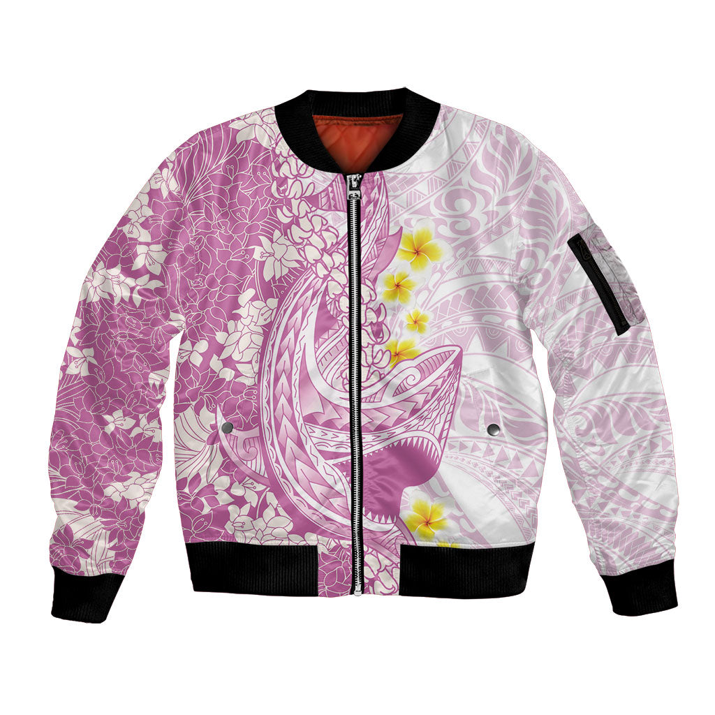 Purple Hawaii Shark Tattoo Sleeve Zip Bomber Jacket Puakenikeni Lei Plumeria Polynesian Pattern