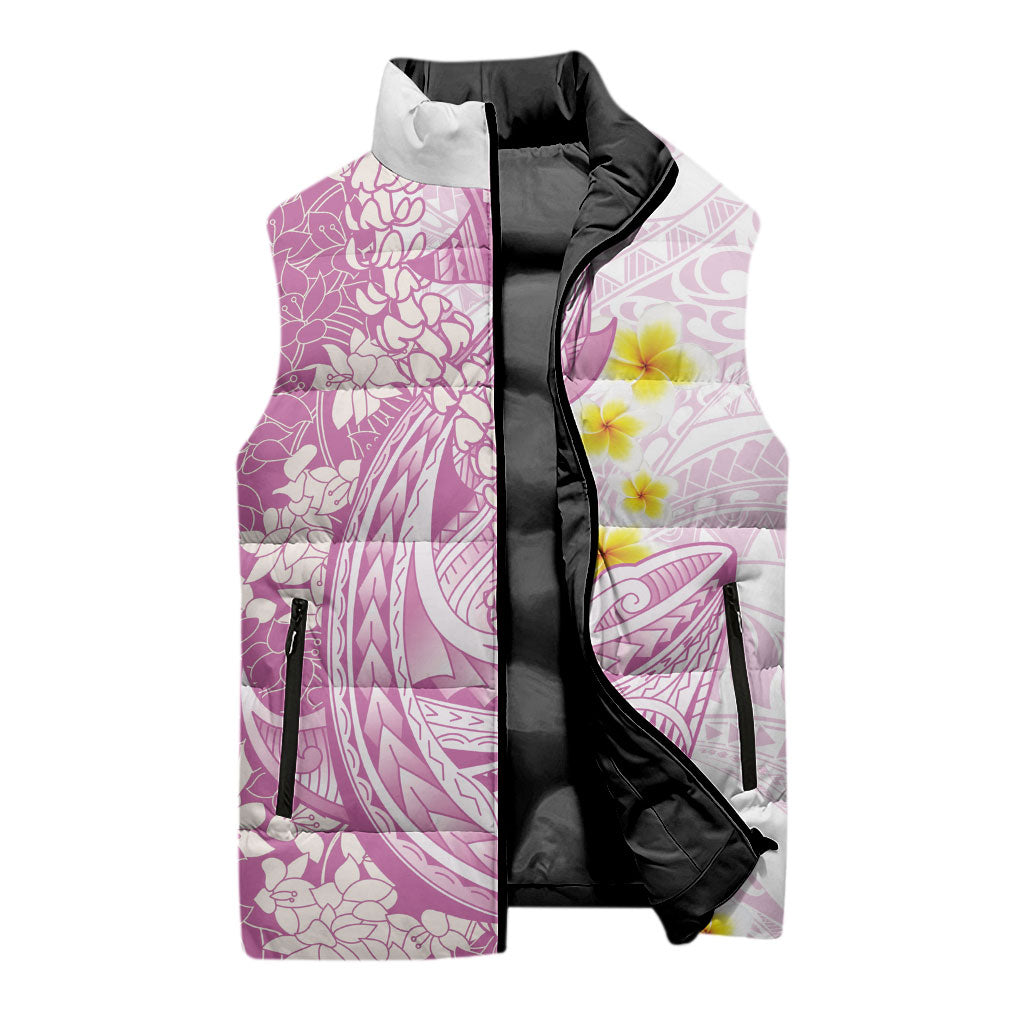Purple Hawaii Shark Tattoo Sleeveless Puffer Jacket Puakenikeni Lei Plumeria Polynesian Pattern