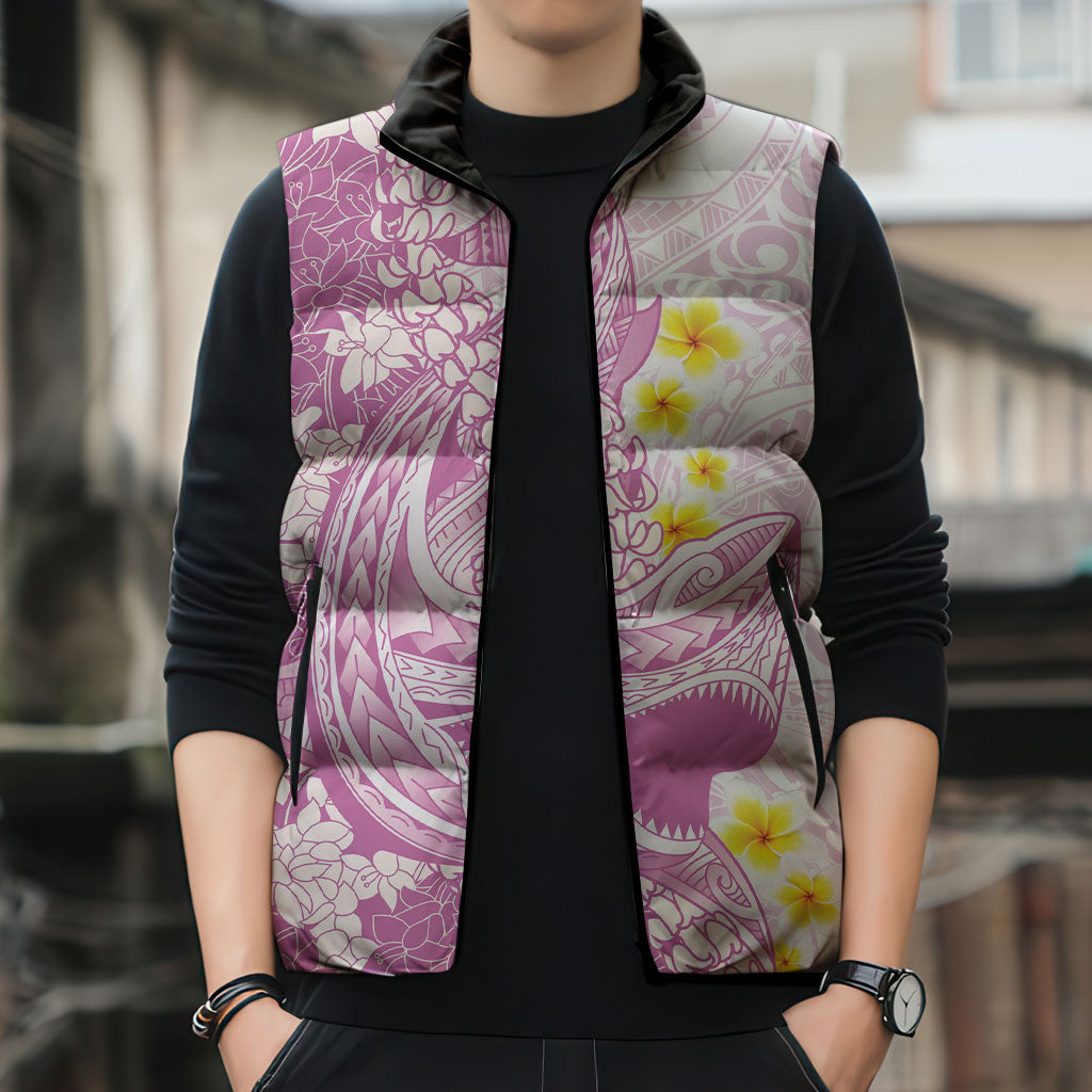Purple Hawaii Shark Tattoo Sleeveless Puffer Jacket Puakenikeni Lei Plumeria Polynesian Pattern