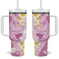 Purple Hawaii Shark Tattoo Tumbler With Handle Puakenikeni Lei Plumeria Polynesian Pattern