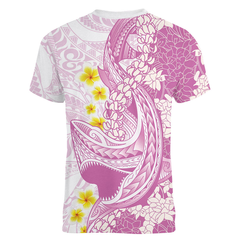 Purple Hawaii Shark Tattoo Women V-Neck T-Shirt Puakenikeni Lei Plumeria Polynesian Pattern
