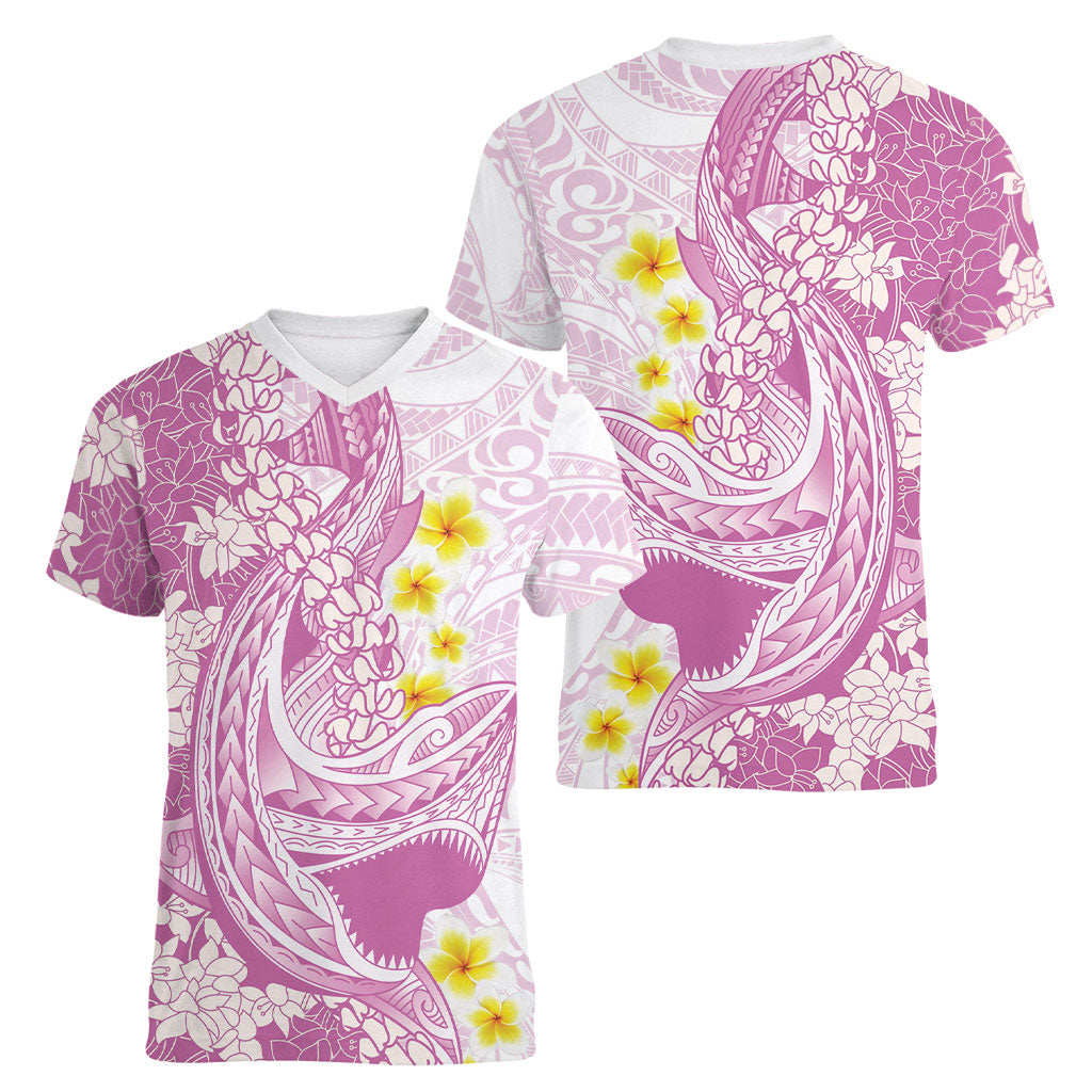 Purple Hawaii Shark Tattoo Women V-Neck T-Shirt Puakenikeni Lei Plumeria Polynesian Pattern