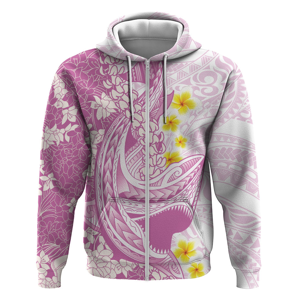 Purple Hawaii Shark Tattoo Zip Hoodie Puakenikeni Lei Plumeria Polynesian Pattern