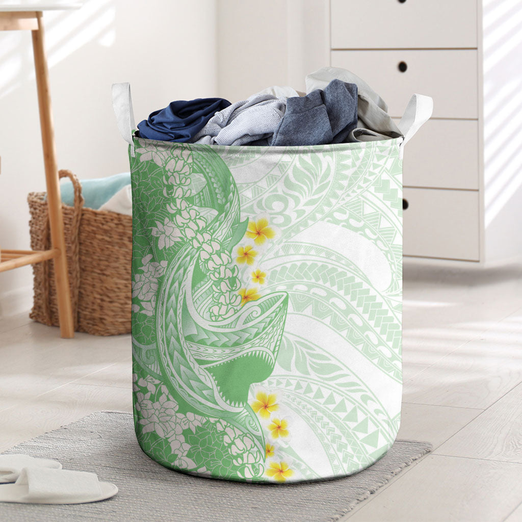 Green Hawaii Shark Tattoo Laundry Basket Puakenikeni Lei Plumeria Polynesian Pattern