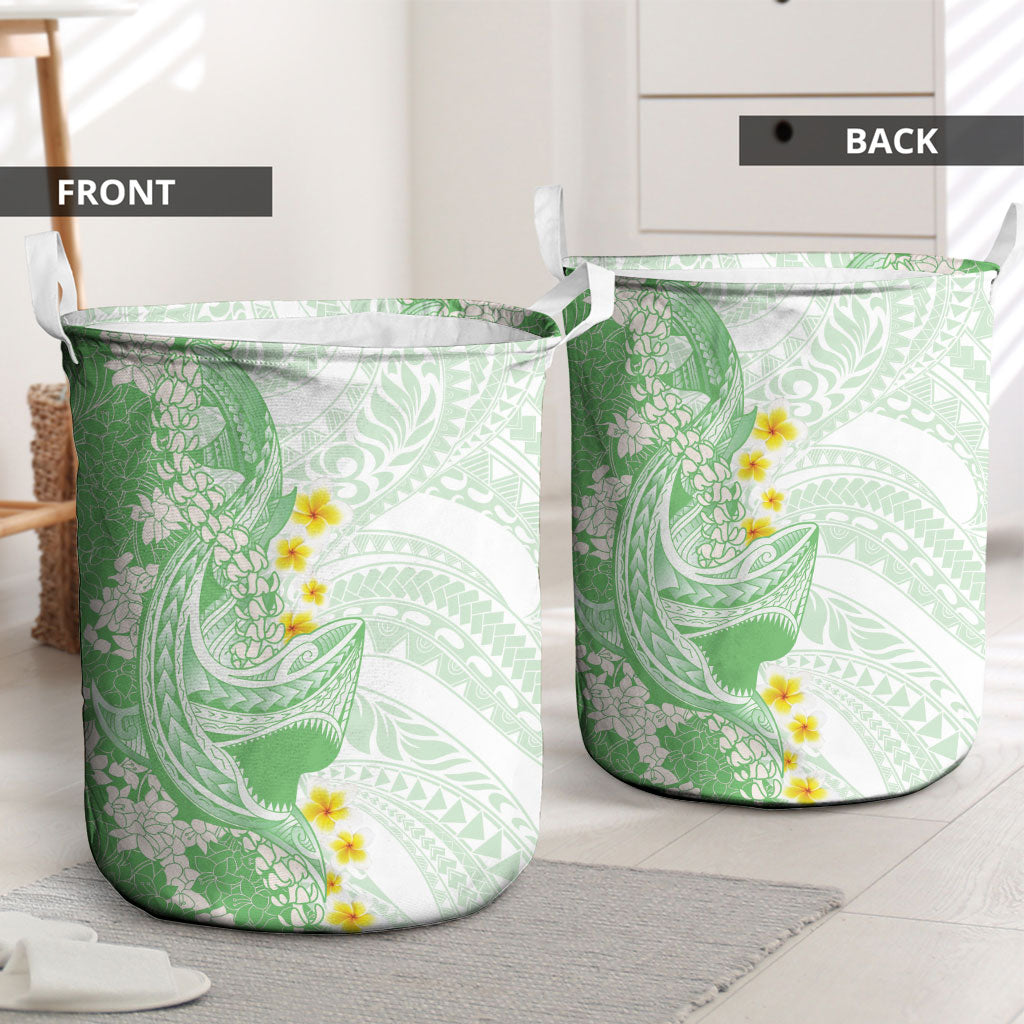 Green Hawaii Shark Tattoo Laundry Basket Puakenikeni Lei Plumeria Polynesian Pattern