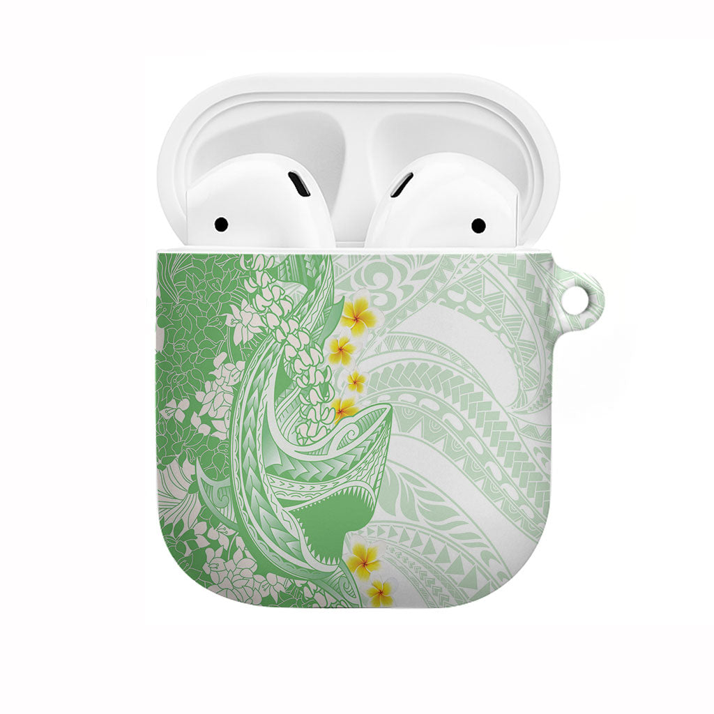 Green Hawaii Shark Tattoo AirPods Case Puakenikeni Lei Plumeria Polynesian Pattern