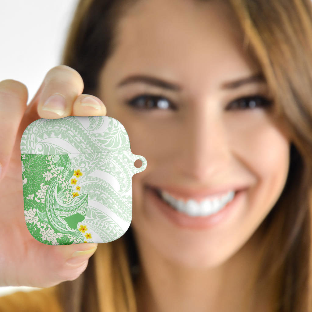 Green Hawaii Shark Tattoo AirPods Case Puakenikeni Lei Plumeria Polynesian Pattern