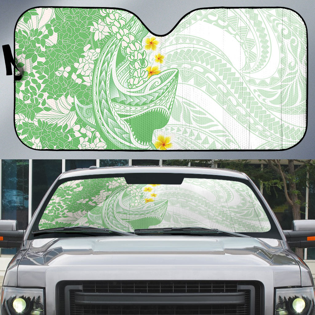Green Hawaii Shark Tattoo Auto Sun Shade Puakenikeni Lei Plumeria Polynesian Pattern