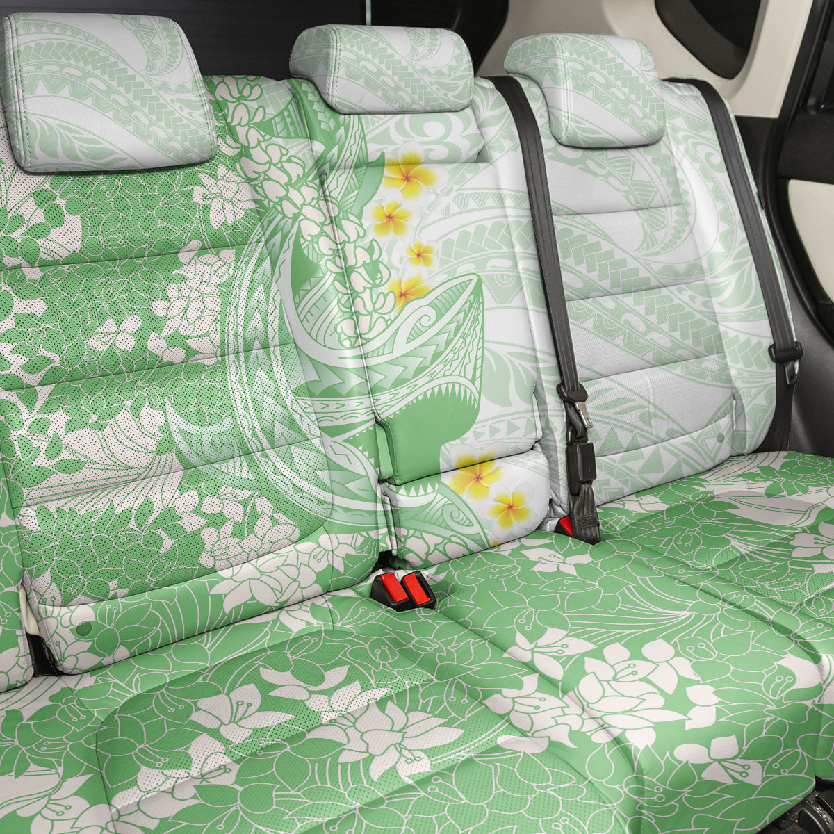 Green Hawaii Shark Tattoo Back Car Seat Cover Puakenikeni Lei Plumeria Polynesian Pattern
