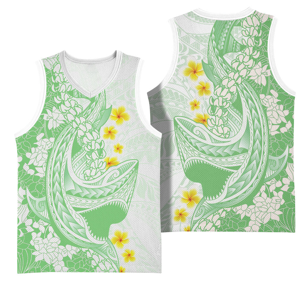 Green Hawaii Shark Tattoo Basketball Jersey Puakenikeni Lei Plumeria Polynesian Pattern