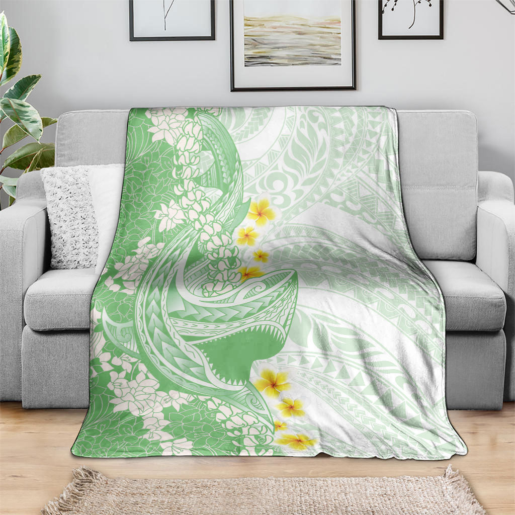 Green Hawaii Shark Tattoo Blanket Puakenikeni Lei Plumeria Polynesian Pattern
