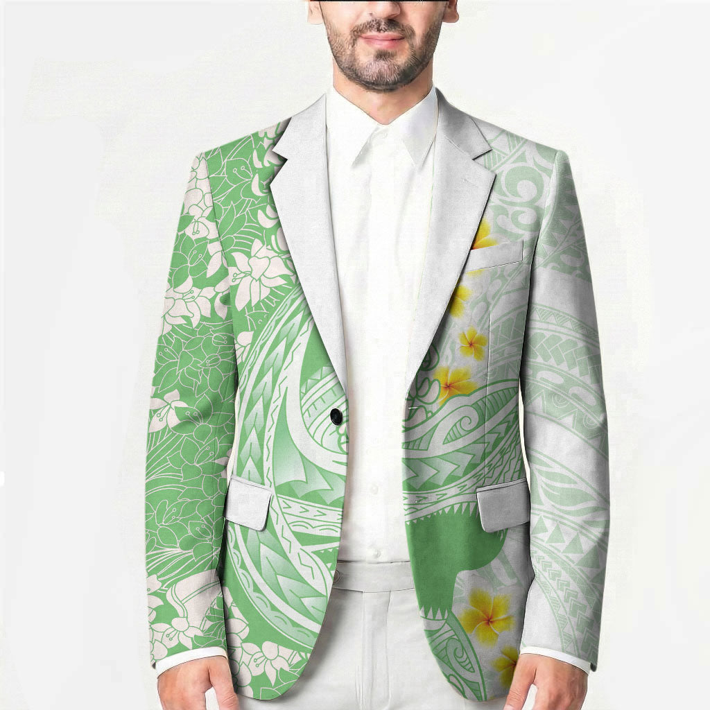Green Hawaii Shark Tattoo Blazer Puakenikeni Lei Plumeria Polynesian Pattern