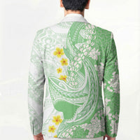 Green Hawaii Shark Tattoo Blazer Puakenikeni Lei Plumeria Polynesian Pattern