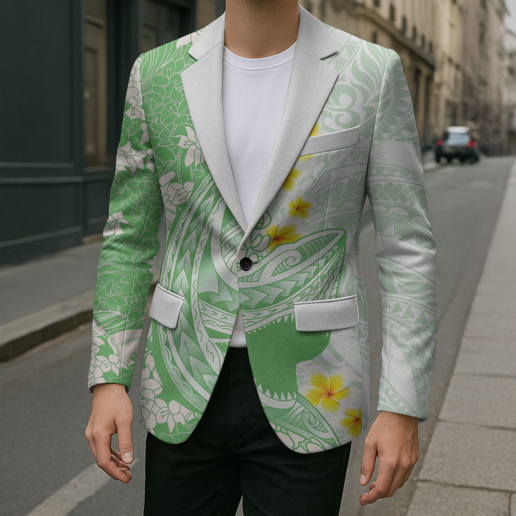 Green Hawaii Shark Tattoo Blazer Puakenikeni Lei Plumeria Polynesian Pattern