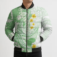 Green Hawaii Shark Tattoo Bomber Puffer Jacket Puakenikeni Lei Plumeria Polynesian Pattern