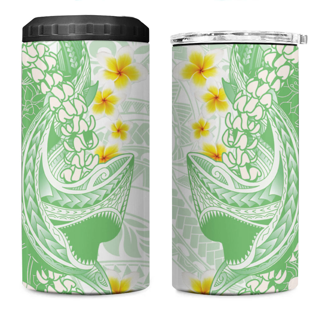 Green Hawaii Shark Tattoo 4 in 1 Can Cooler Tumbler Puakenikeni Lei Plumeria Polynesian Pattern