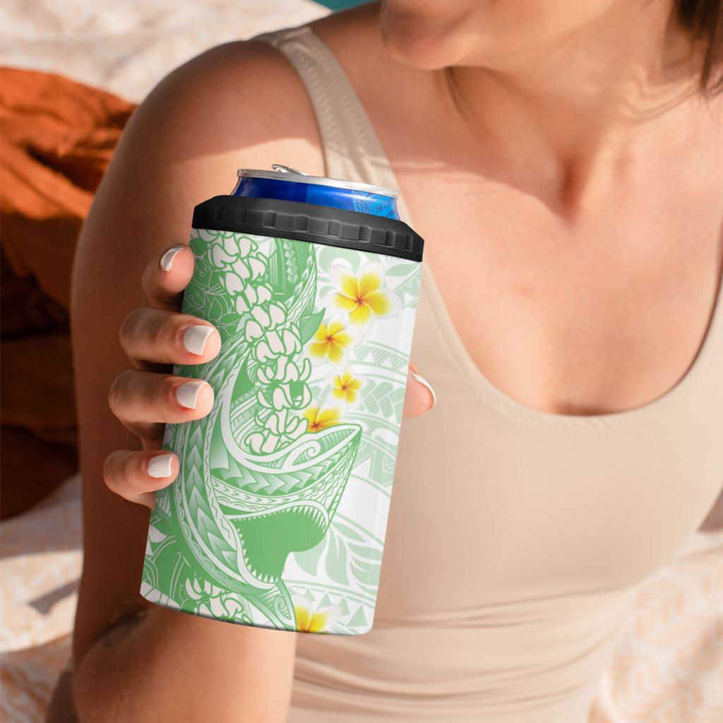Green Hawaii Shark Tattoo 4 in 1 Can Cooler Tumbler Puakenikeni Lei Plumeria Polynesian Pattern