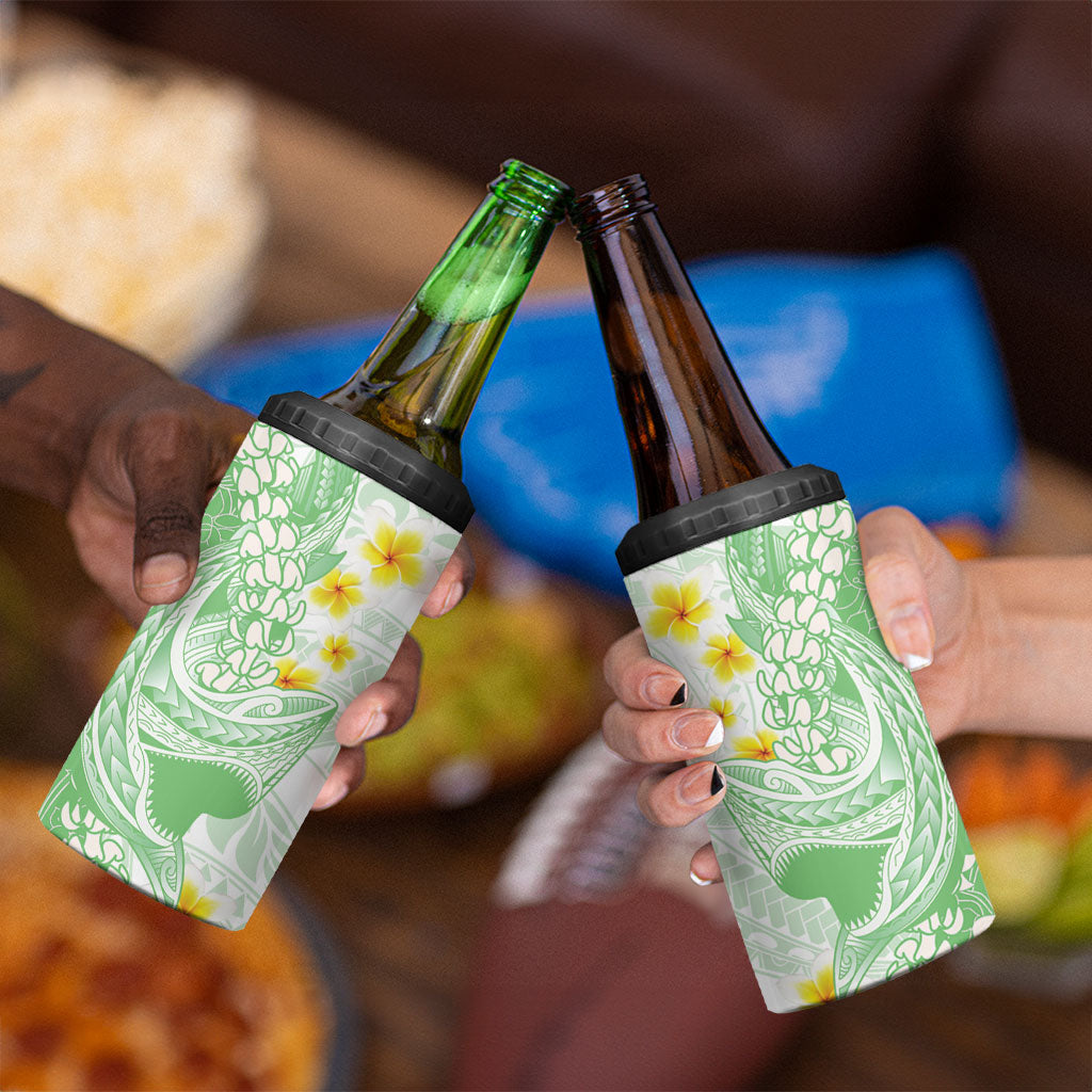 Green Hawaii Shark Tattoo 4 in 1 Can Cooler Tumbler Puakenikeni Lei Plumeria Polynesian Pattern