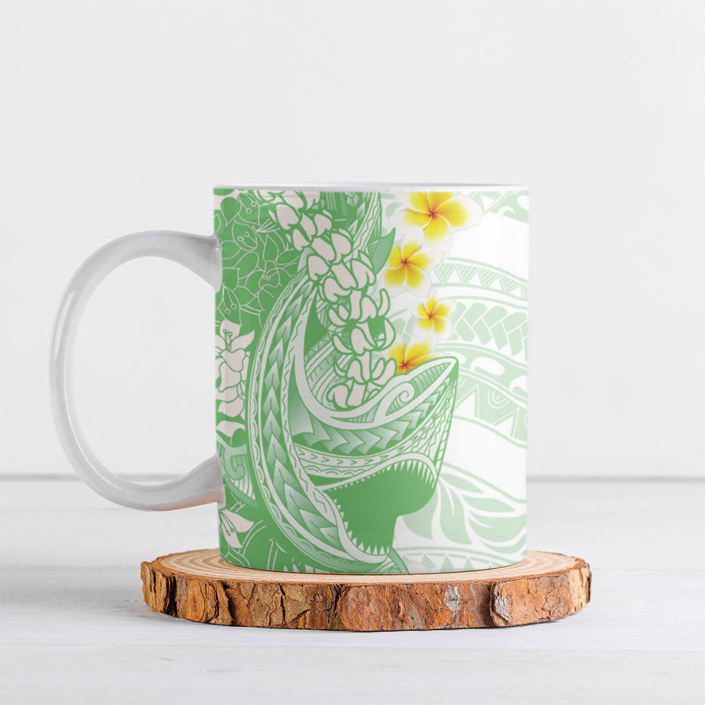 Green Hawaii Shark Tattoo Ceramic Mug Puakenikeni Lei Plumeria Polynesian Pattern