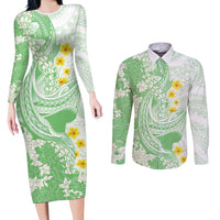 Green Hawaii Shark Tattoo Couples Matching Long Sleeve Bodycon Dress and Long Sleeve Button Shirt Puakenikeni Lei Plumeria Polynesian Pattern